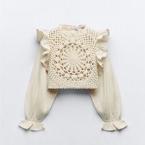 ZARA Cream Crochet Contrast Knit Cropped Top Ruffled Sleeves Size S New-no tags